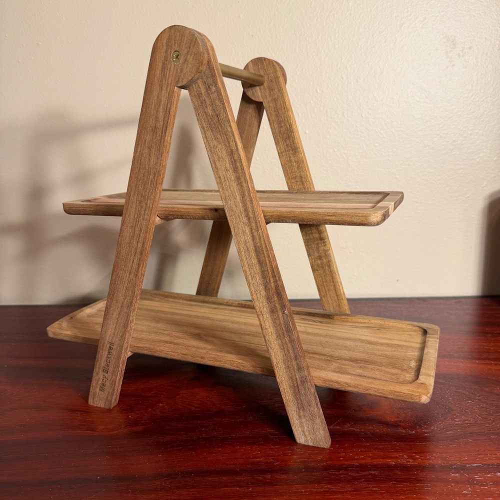 Macy Blackwell 2 Tier Wooden Serving Stand Collapsible A-Frame Trays Brown Brass